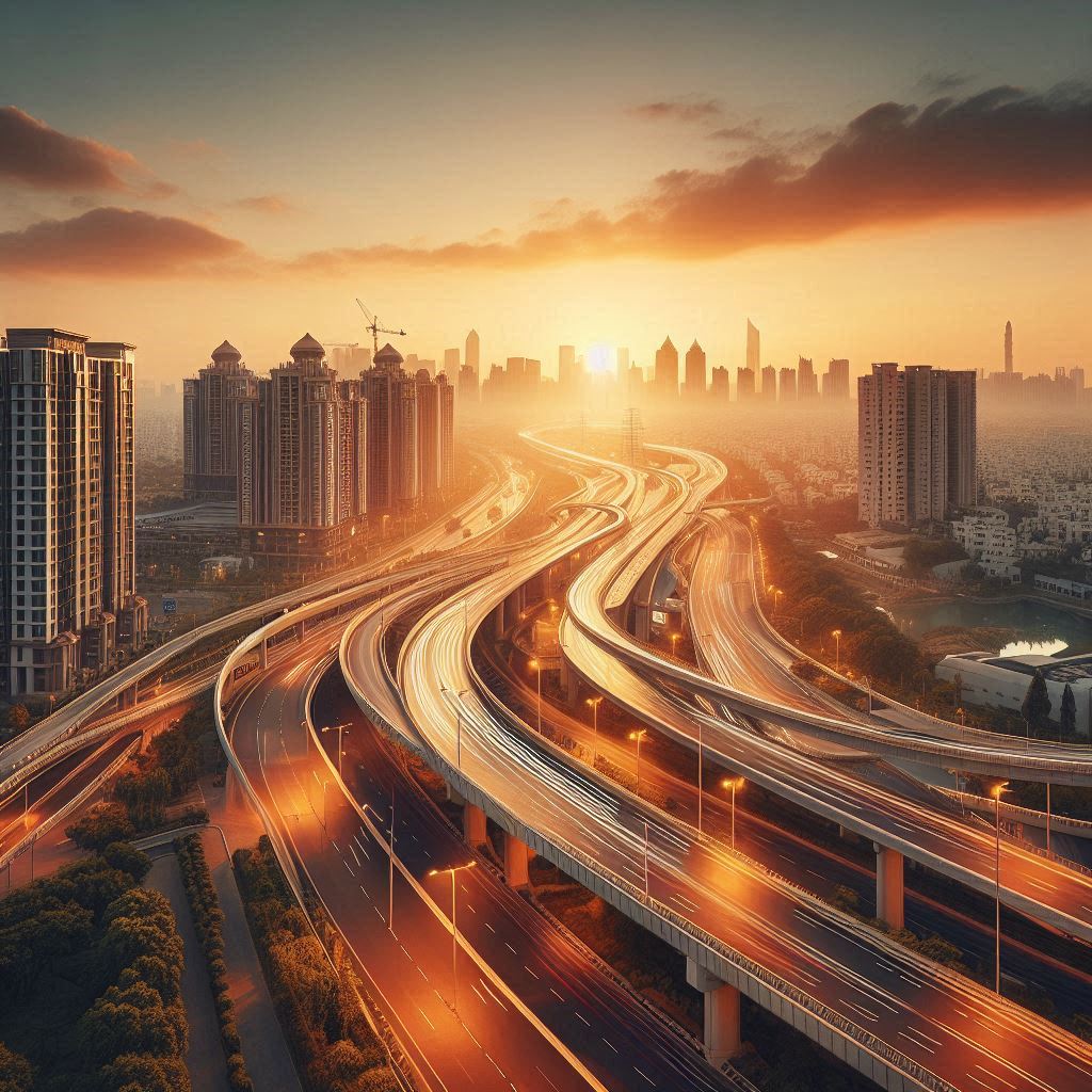 Modern real estate properties along Dwarka Expressway, highlighting infrastructure development and investment opportunities